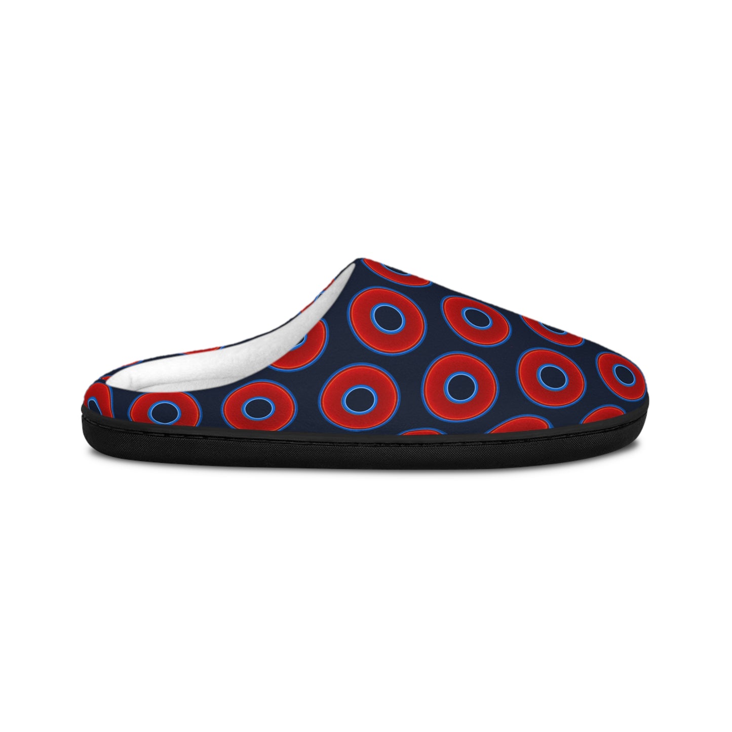 Men's Lumpy Slippers - red vivid donut print w/dark teal elite blue background