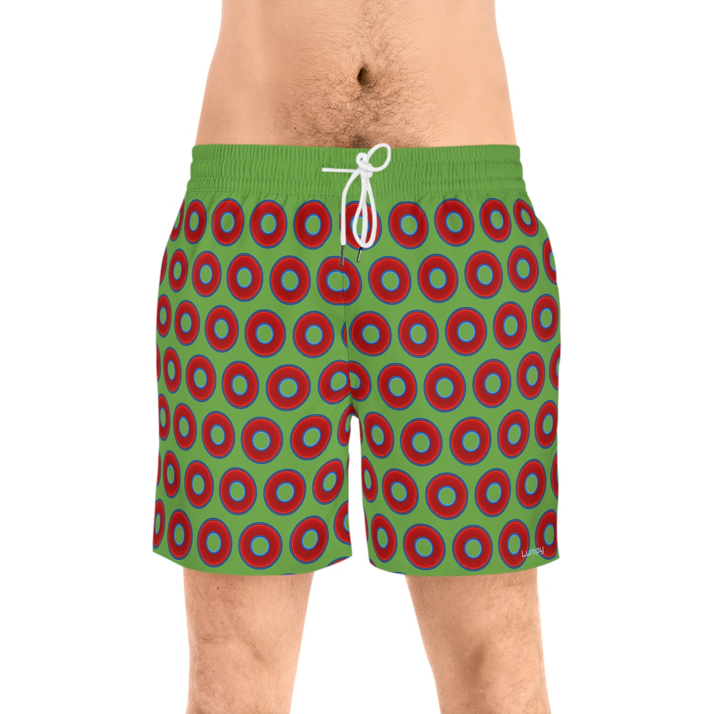 Men's Lumpy Swim Trunks - vivid red donut print w/light green background
