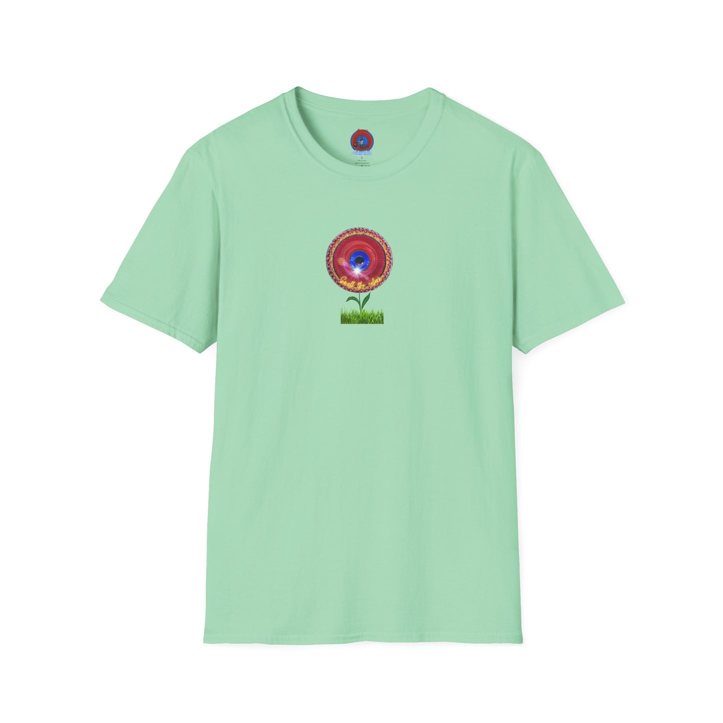 Classic Donut Tee - Unisex Soft-Style - "Smell the Donuts Outside on my Lawn"  " variant 2 - blue donut on red donut/flower