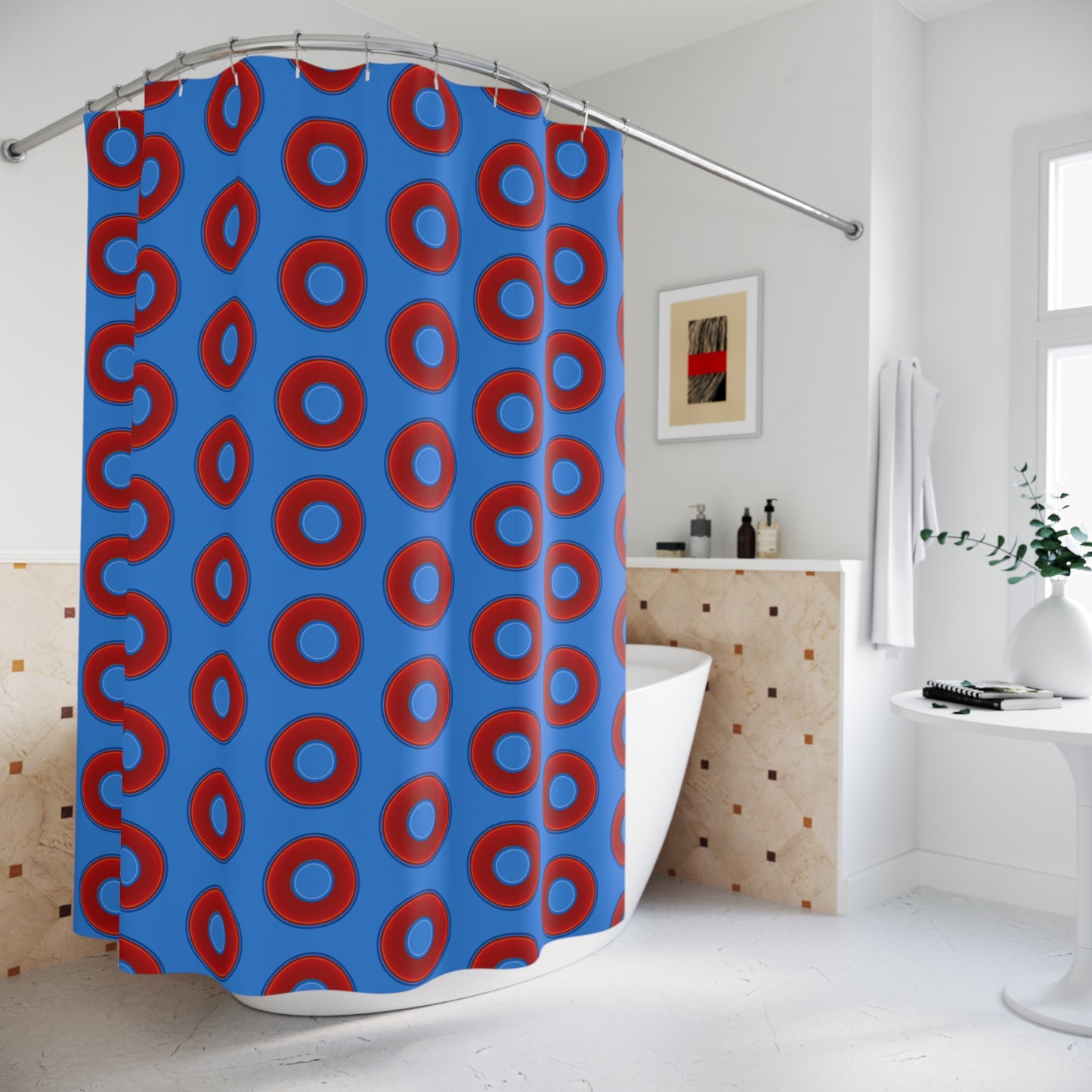The Curtain With "Donuts" - Lumpy Bath Time Fun - vivid red donuts w/light royal blue background