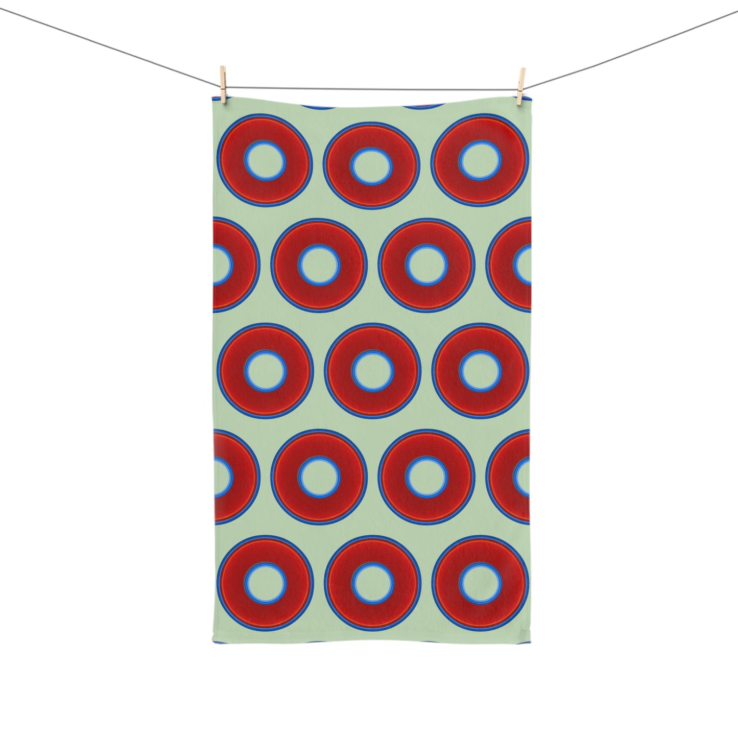 Lumpy Kitchen/Hand Towels - vivid red donuts w/seafoam background