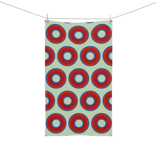 Lumpy Kitchen/Hand Towels - vivid red donuts w/seafoam background