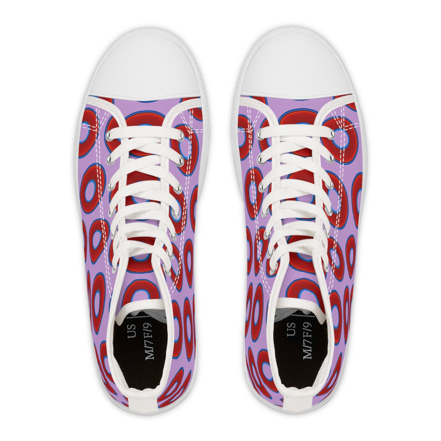 Women's High Top Chuck Taylors - large vivid red donut print w/wisteria purple background