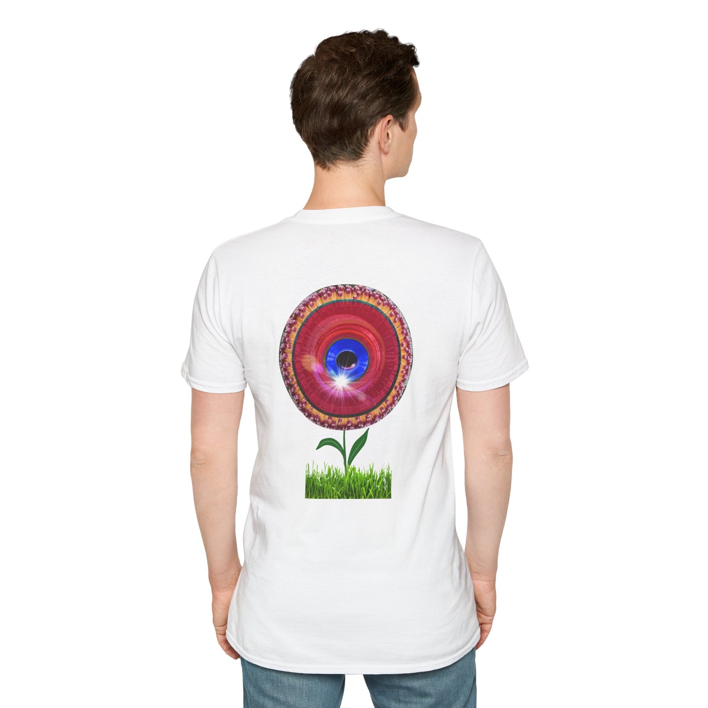 Classic Donut Tee - Unisex Soft-Style - "Smell the Donuts Outside on my Lawn"  " variant 1 - blue donut on red donut/flower
