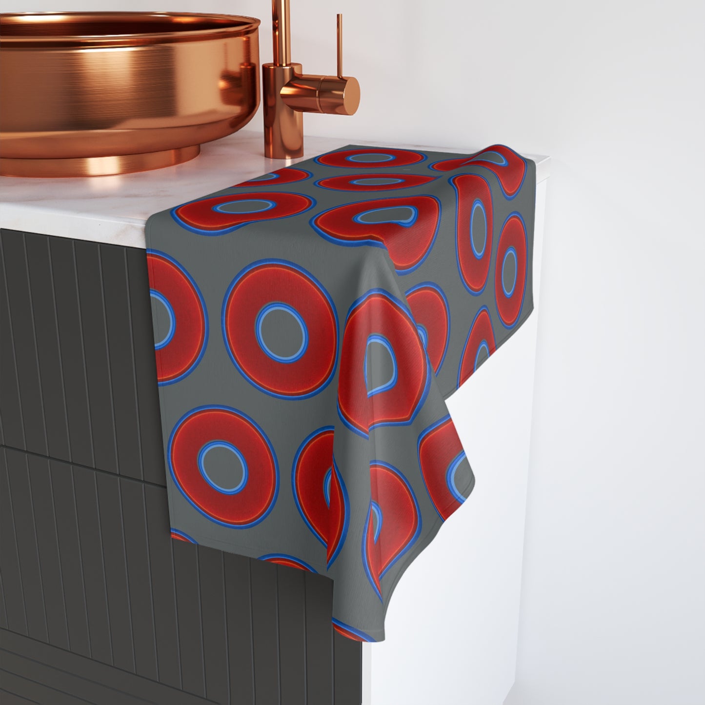 Lumpy Kitchen/Hand Towels - vivid red donuts w/dark gray background