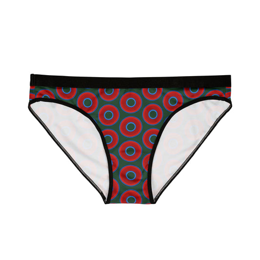 Lumpy Donut Underwear - vivid red donut print w/deep pond green background