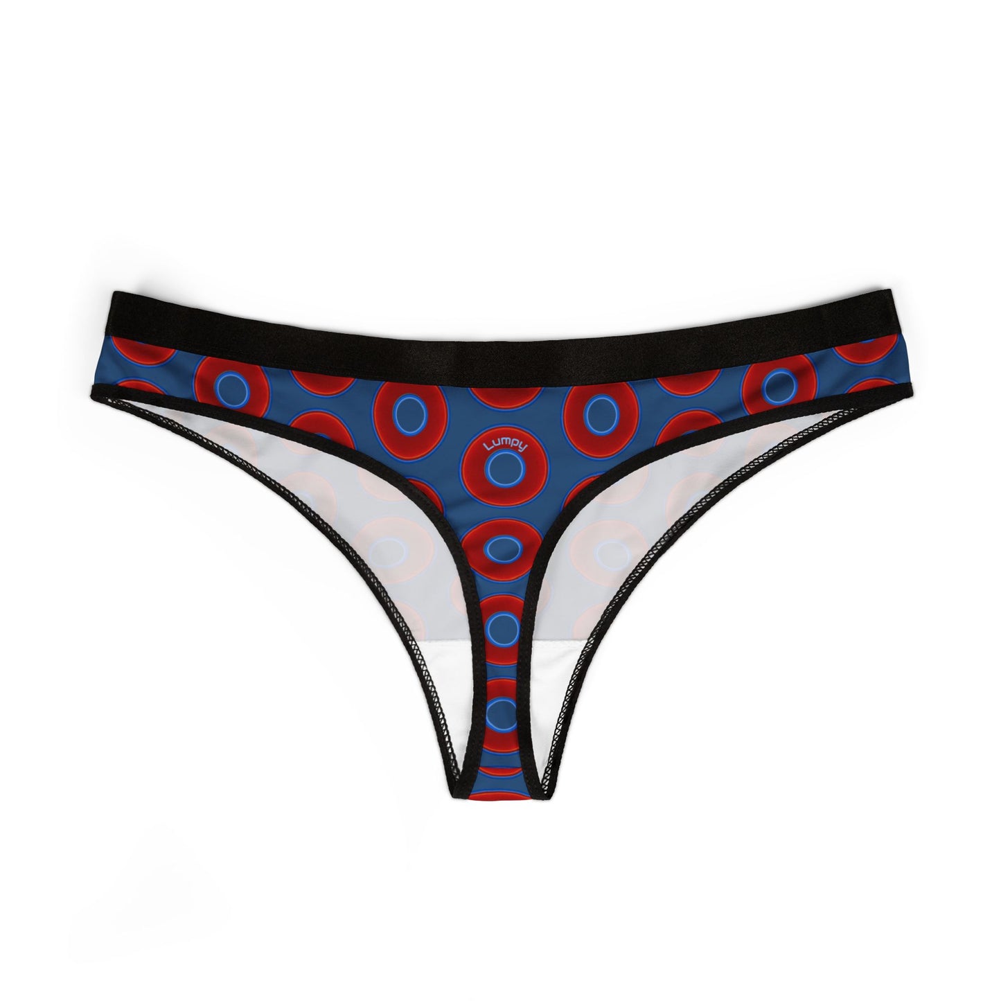 Lumpy Donut Thongs - red vivid donut print w/light navy blue background