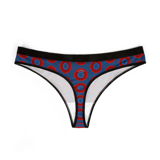 Lumpy Donut Thongs - red vivid donut print w/light navy blue background