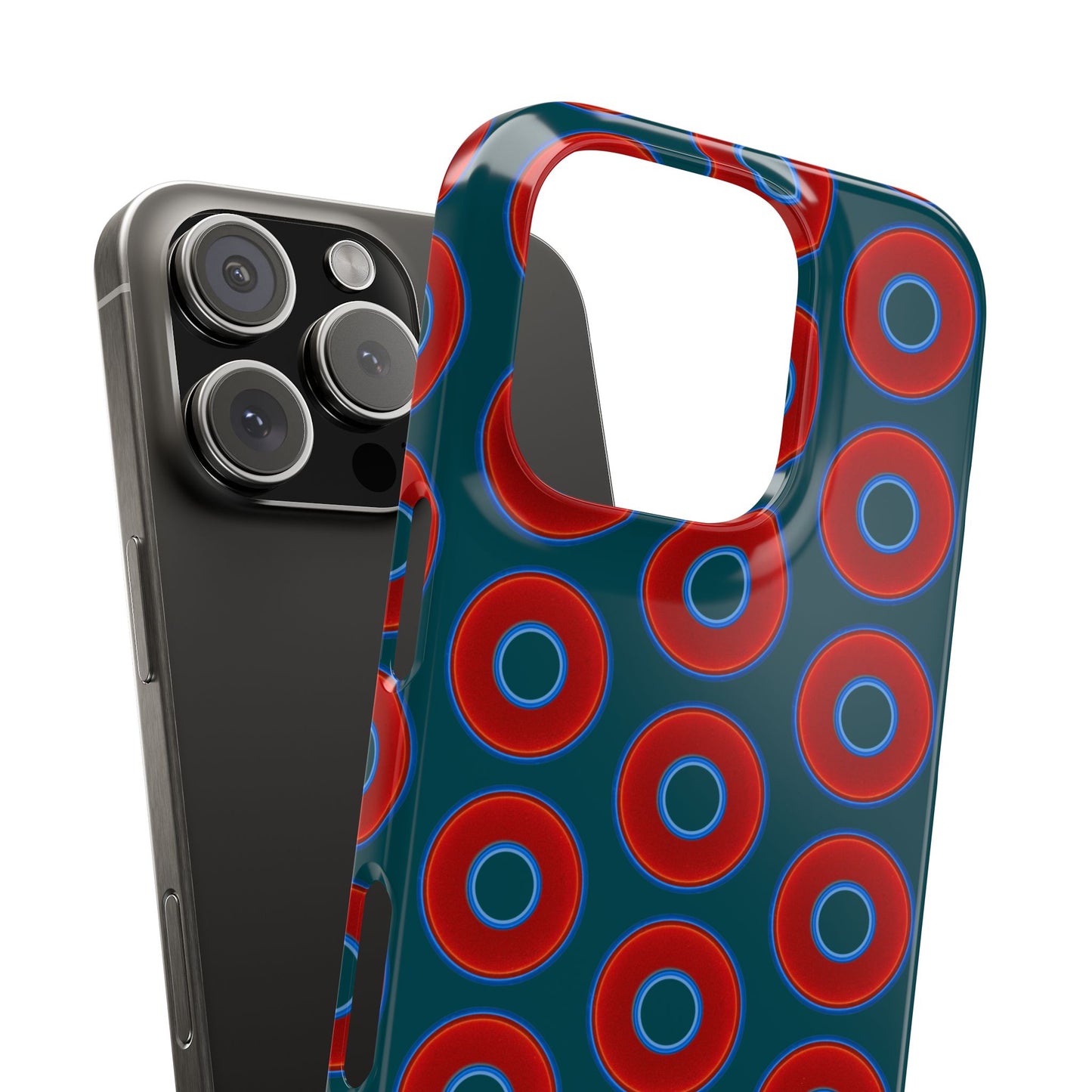 Lumpy Donut Snap Case - red vivid donut print w/midnight teal green background