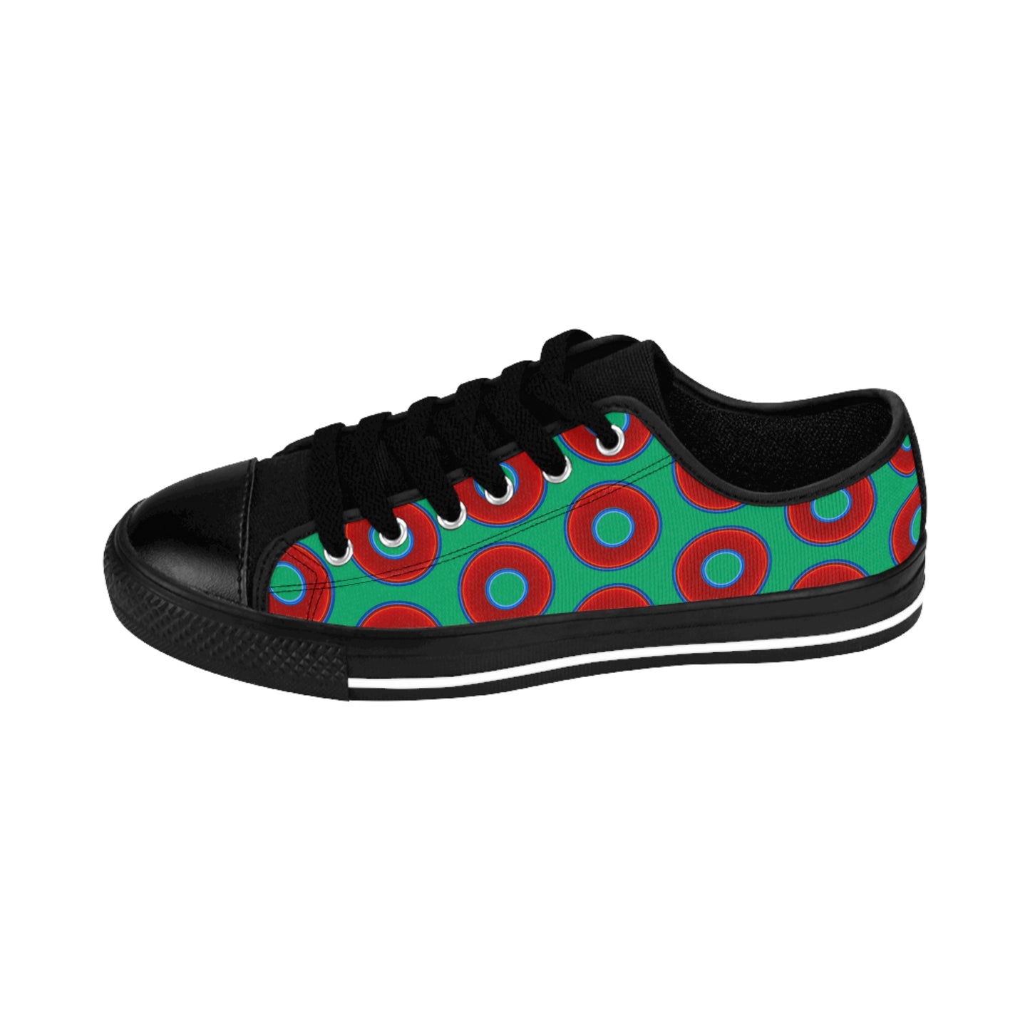 Women's Cushiony Convectors - Low Top - large red vivid donut print w/jade green background