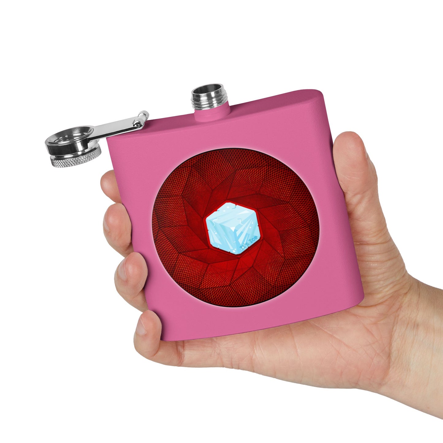 Lump's Donut Flask 6 oz -  "It's Ice... Cube's Donut Flask" - variant 1 - red cubed donut - [*w/your choice of 6 backgrounds]