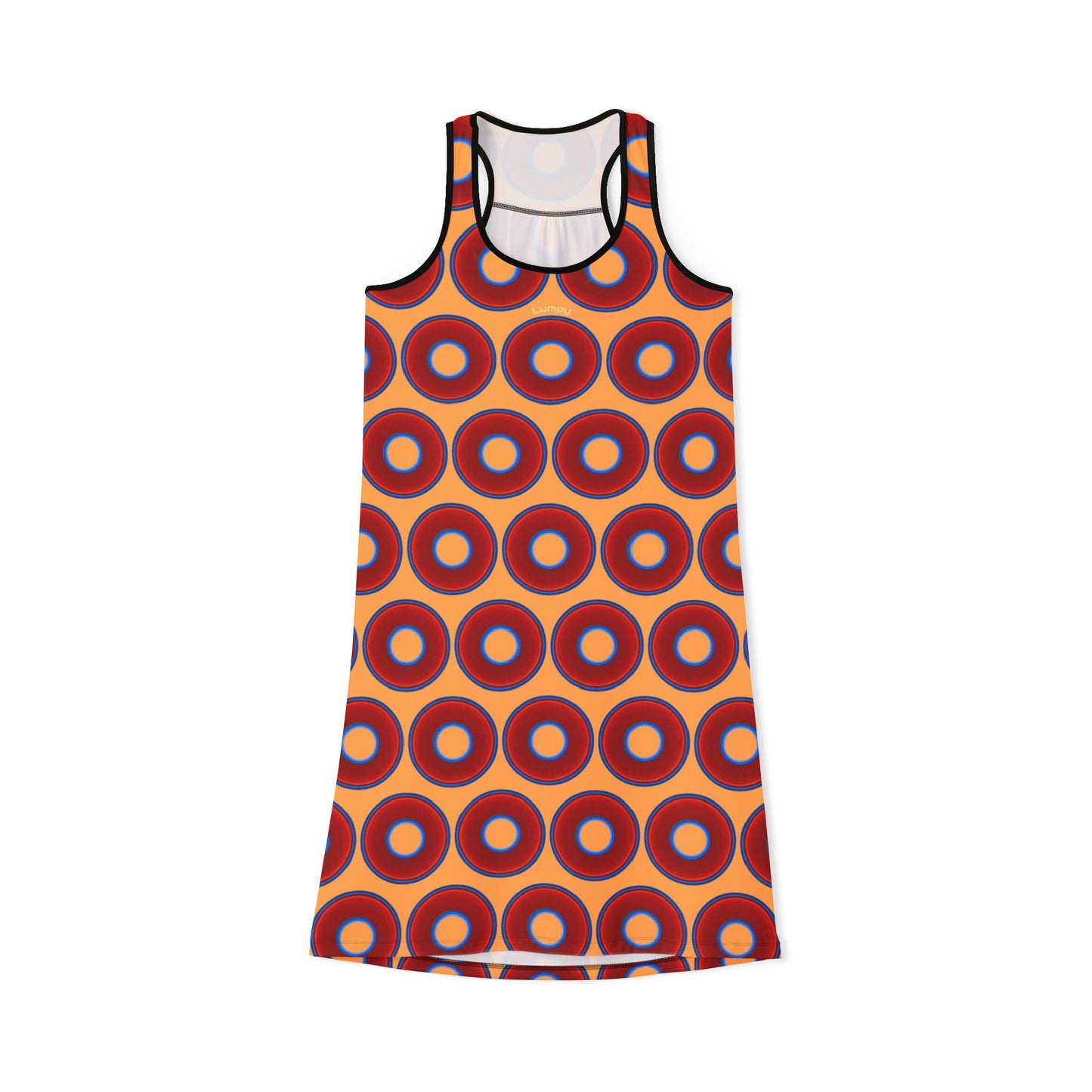 Tela's Lumpy Racerback Donut Dress - red vivid donut print w/creamsicle orange background