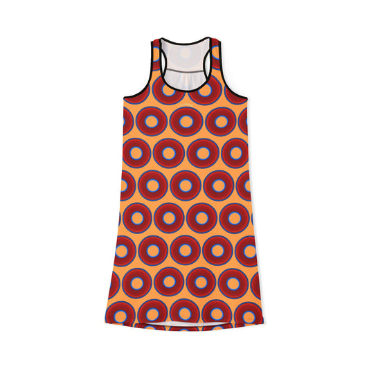 Tela's Lumpy Racerback Donut Dress - red vivid donut print w/creamsicle orange background