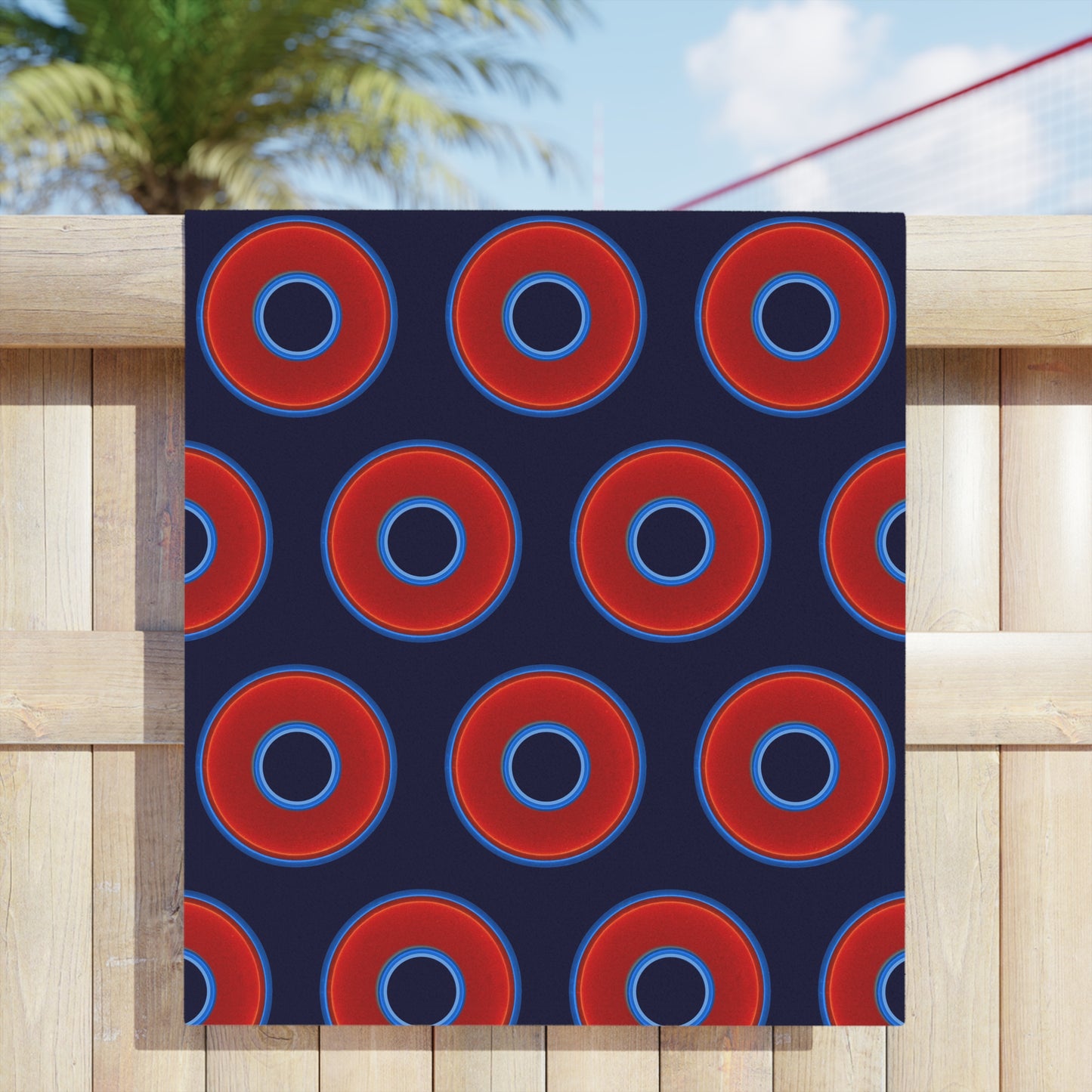 Lumpy Donut Towels - vivid red donuts w/midnight blue background