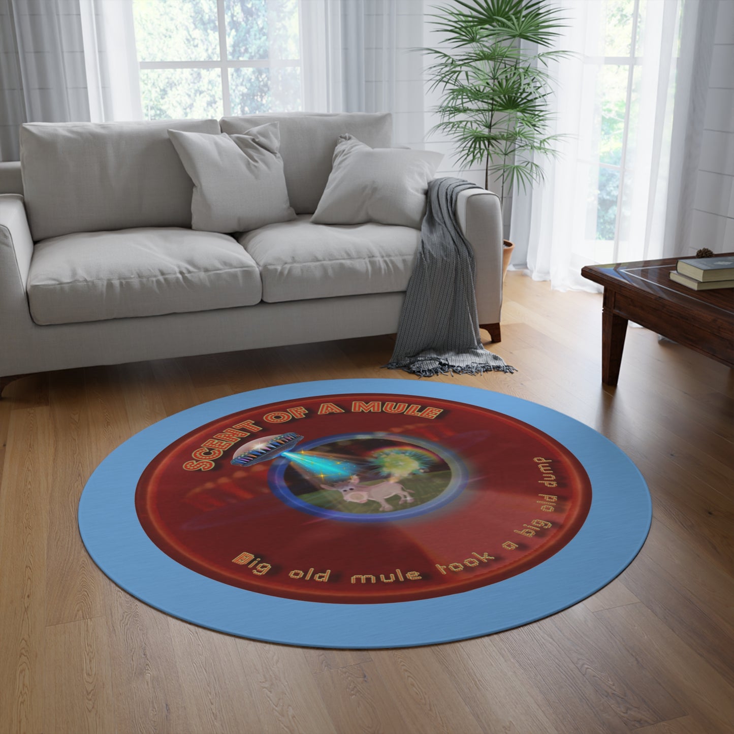 Round Room - 5 ft x 5 ft Lumpy Donut Rug - "Donut Rugs? In Tomahawk County?" - vivid red donut w/light blue background - variant 2