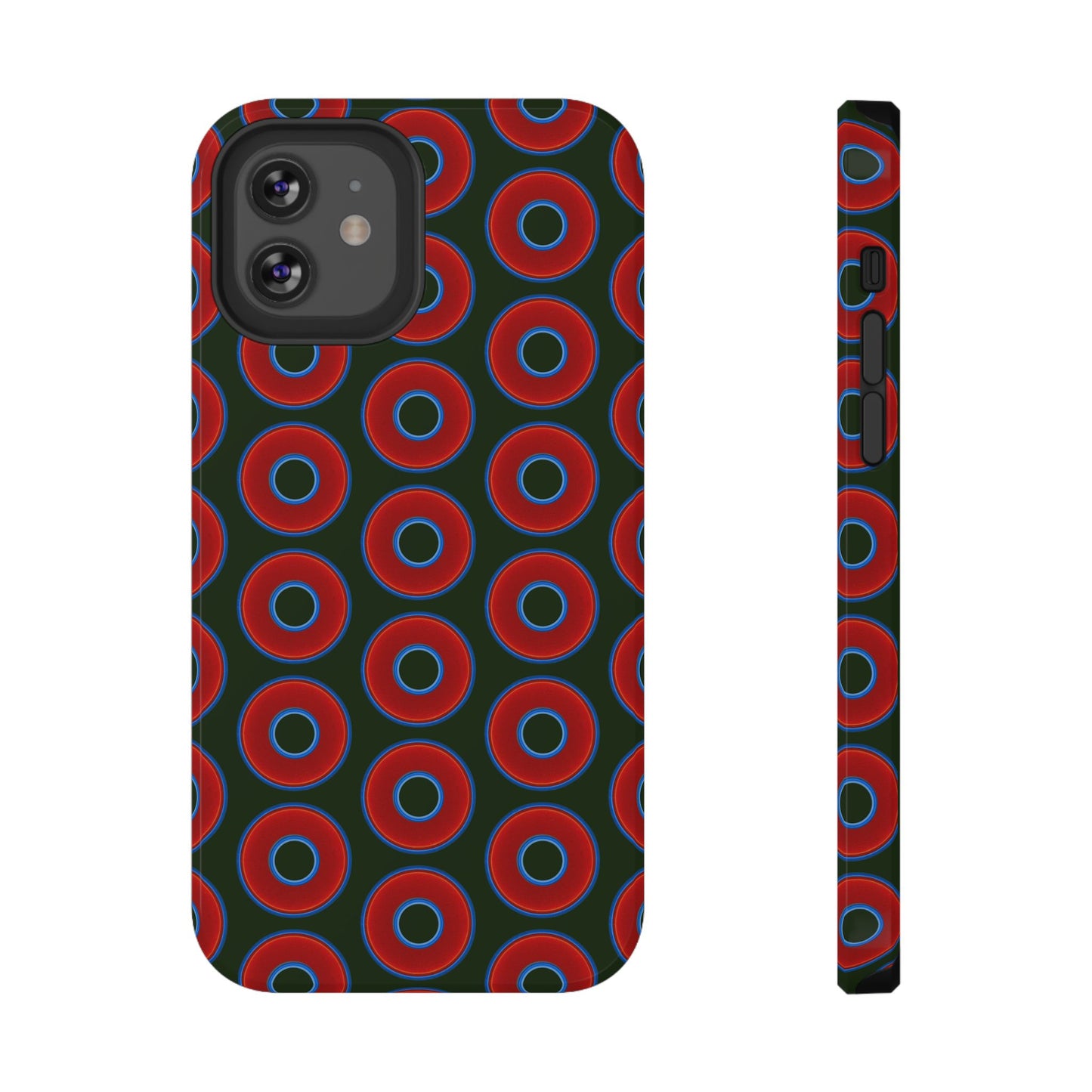 Impact-Resistant Lumpy Donut Case - red vivid donut print w/deep forest green background