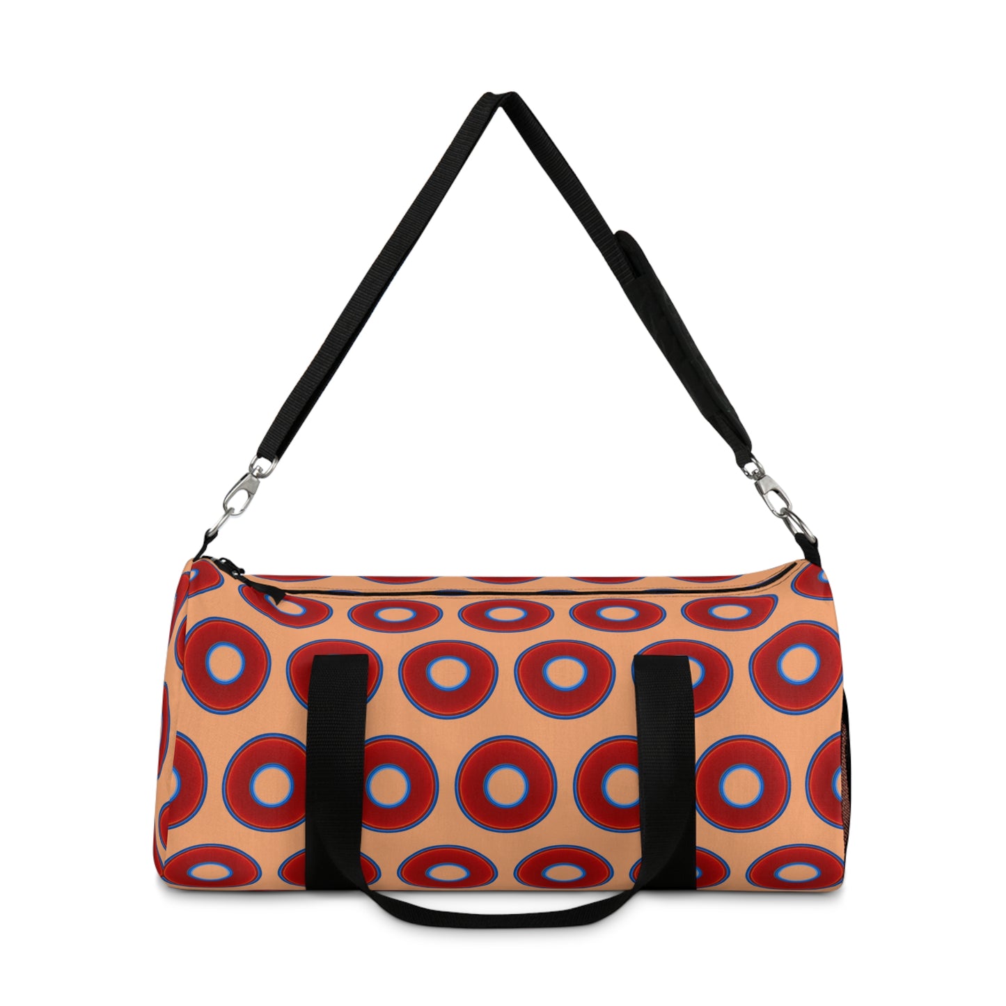 Lumpy Duffel - vivid red donuts w/peach background