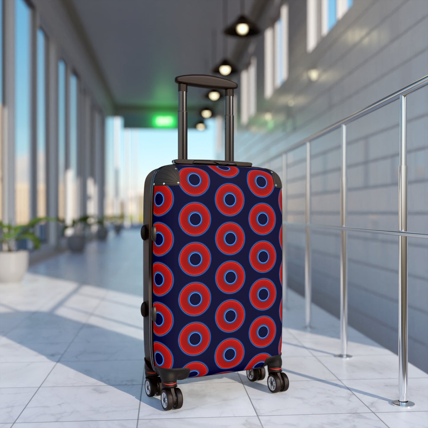 The Very Lumpy Donut Suitcase series - your choice of S, M or L - vivid red donut print w/midnight blue background