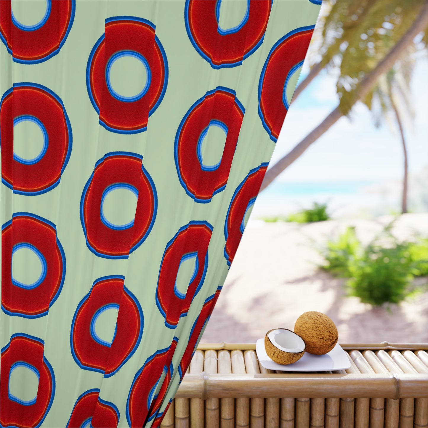 Lump's Heady Curtain w/Donuts - vivid red donut print - w/seafoam green background - [*1 Piece / 50" x 84"]