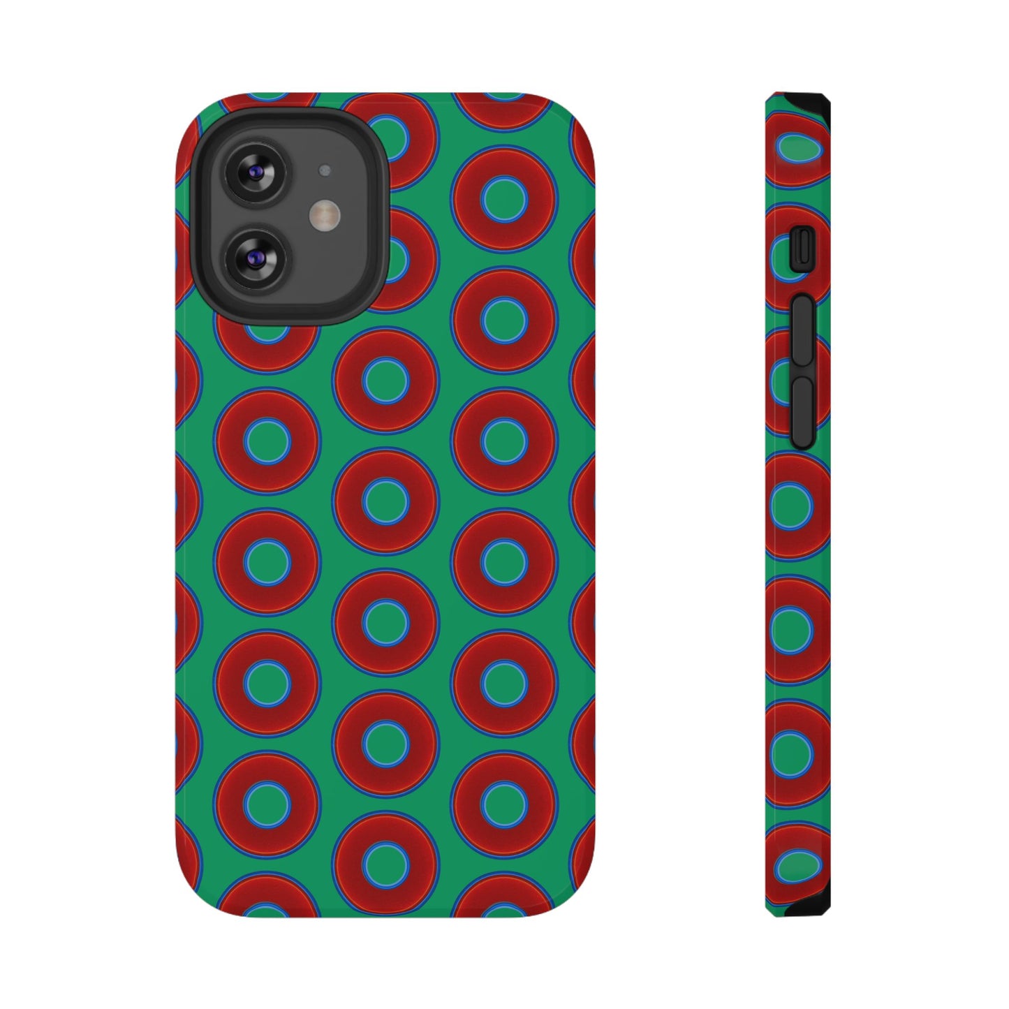Impact-Resistant Lumpy Donut Case - red vivid donut print w/jade green background