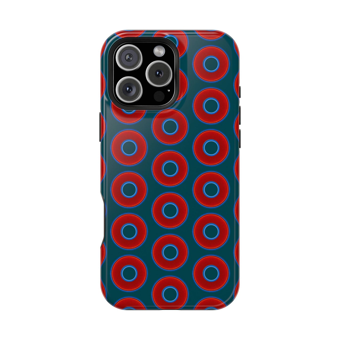 Impact-Resistant Lumpy Donut Case - red vivid donut print w/midnight green background