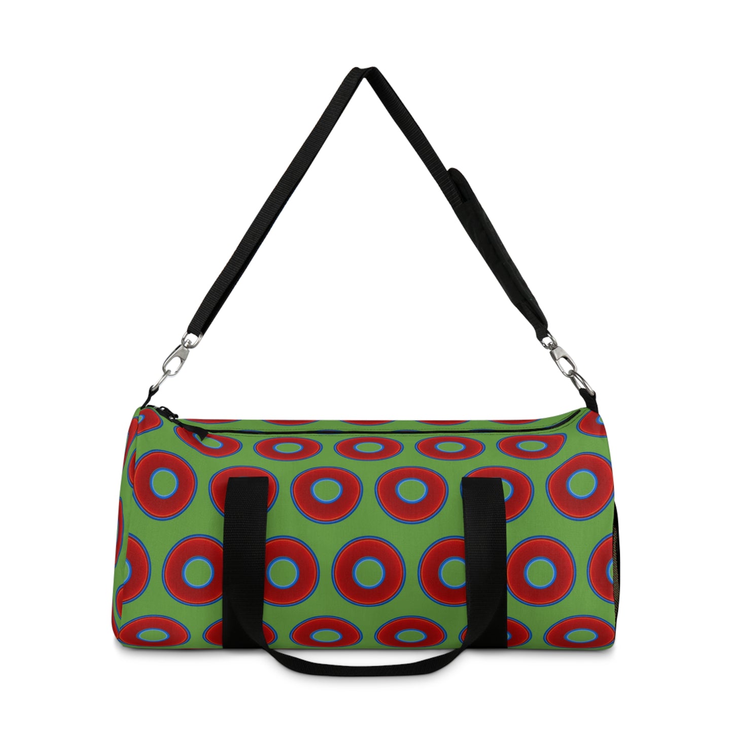 Lumpy Duffel - vivid red donuts w/light green background