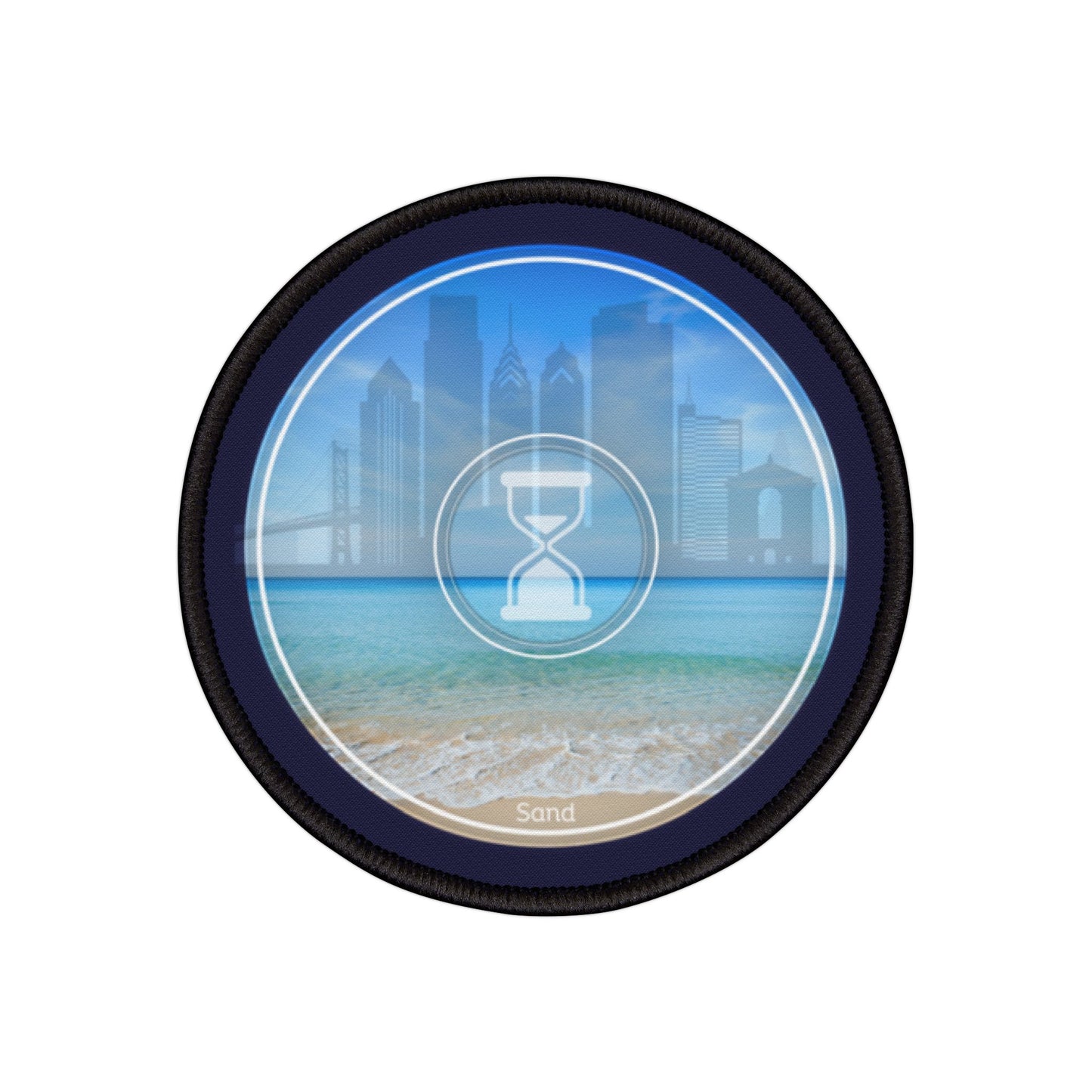 Iron-On Donut Patch - "Philly Special - Still Loading Sand" - vivid blue pic donut - variant 2