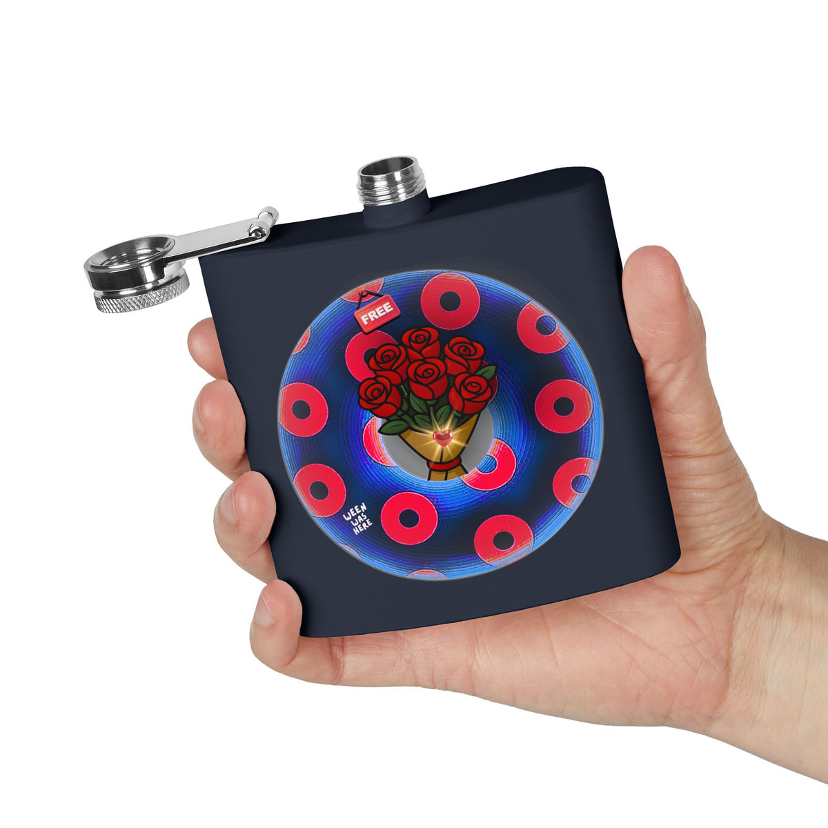Lump's Donut Flask 6 oz -  "Donuts R Phree" - red/blue rustic donut - [*w/your choice of 6 backgrounds]