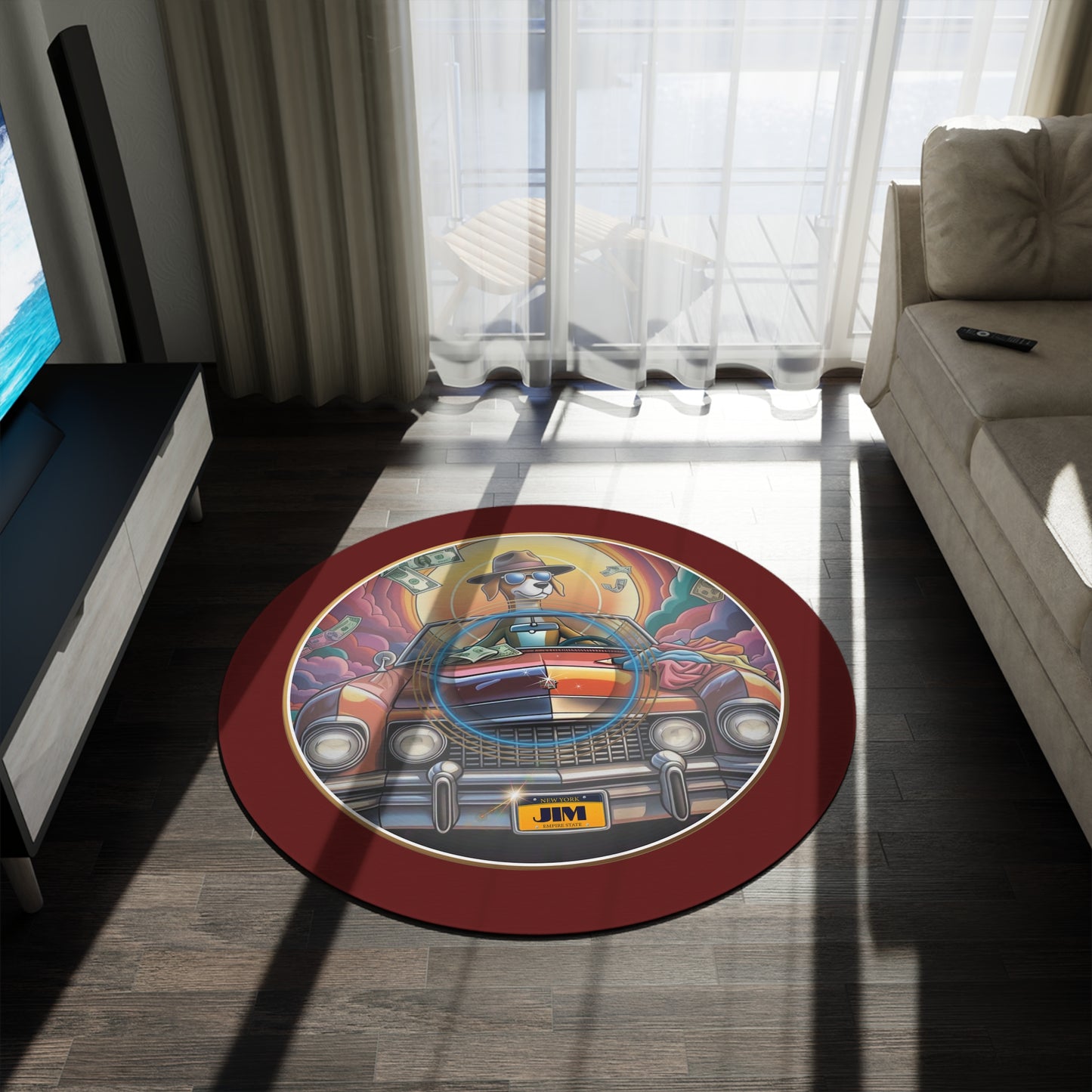 Round Room - 5 ft x 5 ft Lumpy Donut Rug - "Jimmy's Runaway Donut Rug" - vivid gold/orange pic donut w/dark red background - variant 3