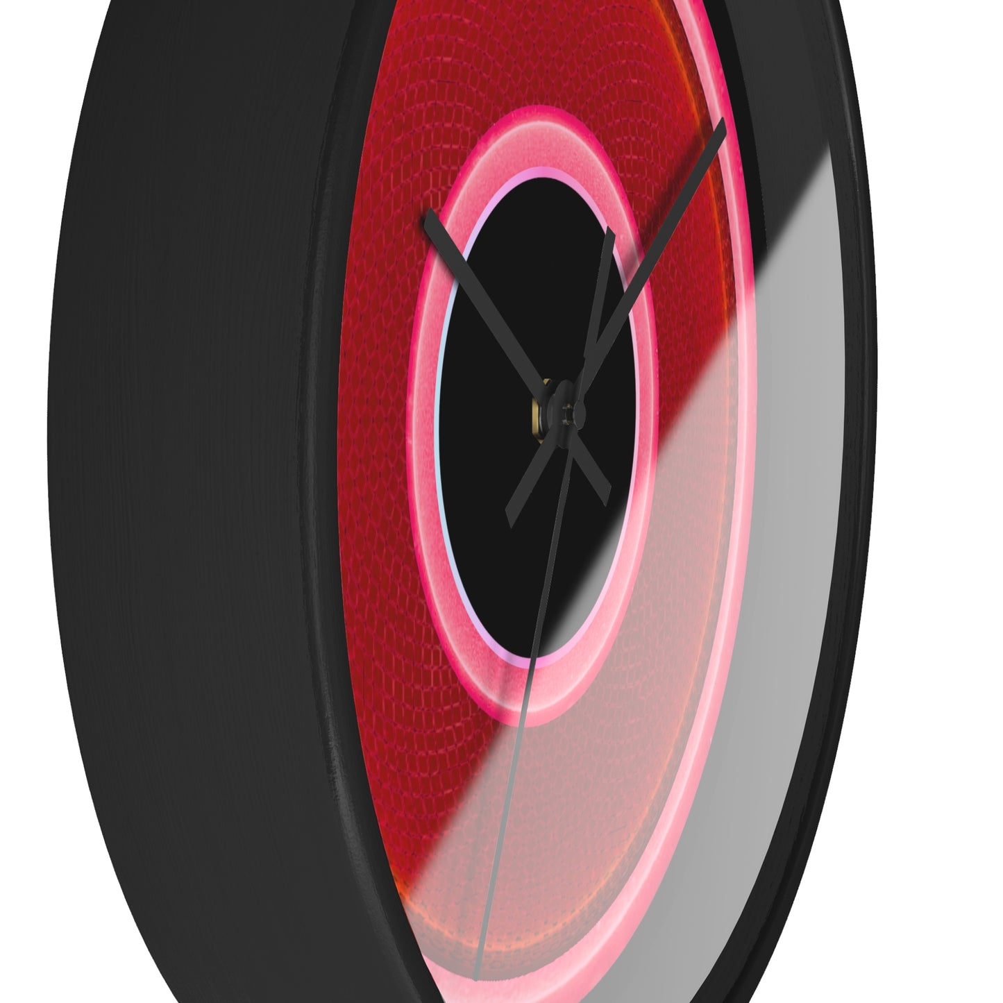 Lumpy Wall Clock - red rustic donut w/pink edging - variant 7 w/black background