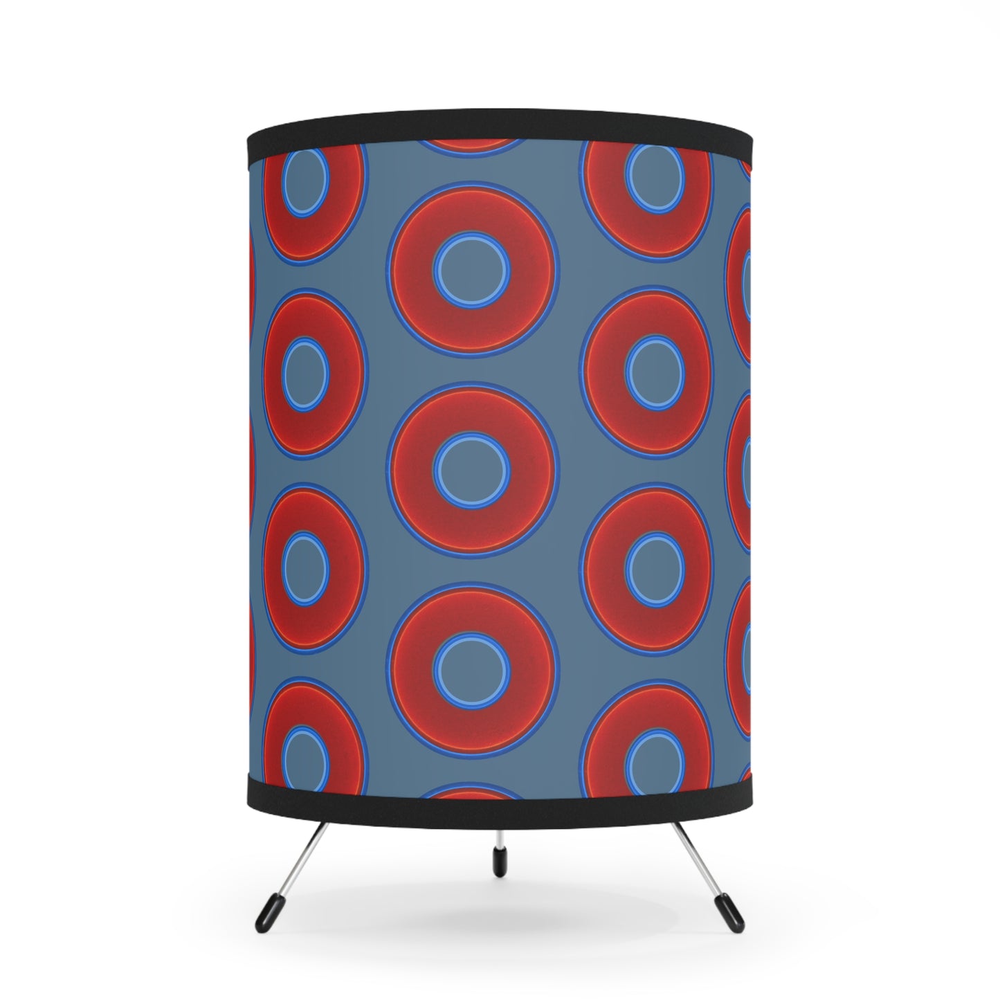 Lumpy Tripod Donut Lamp - vivid red donuts w/steel blue background