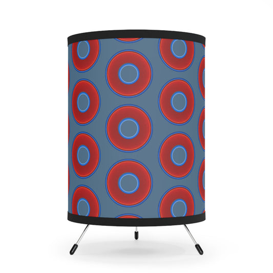 Lumpy Tripod Donut Lamp - vivid red donuts w/steel blue background