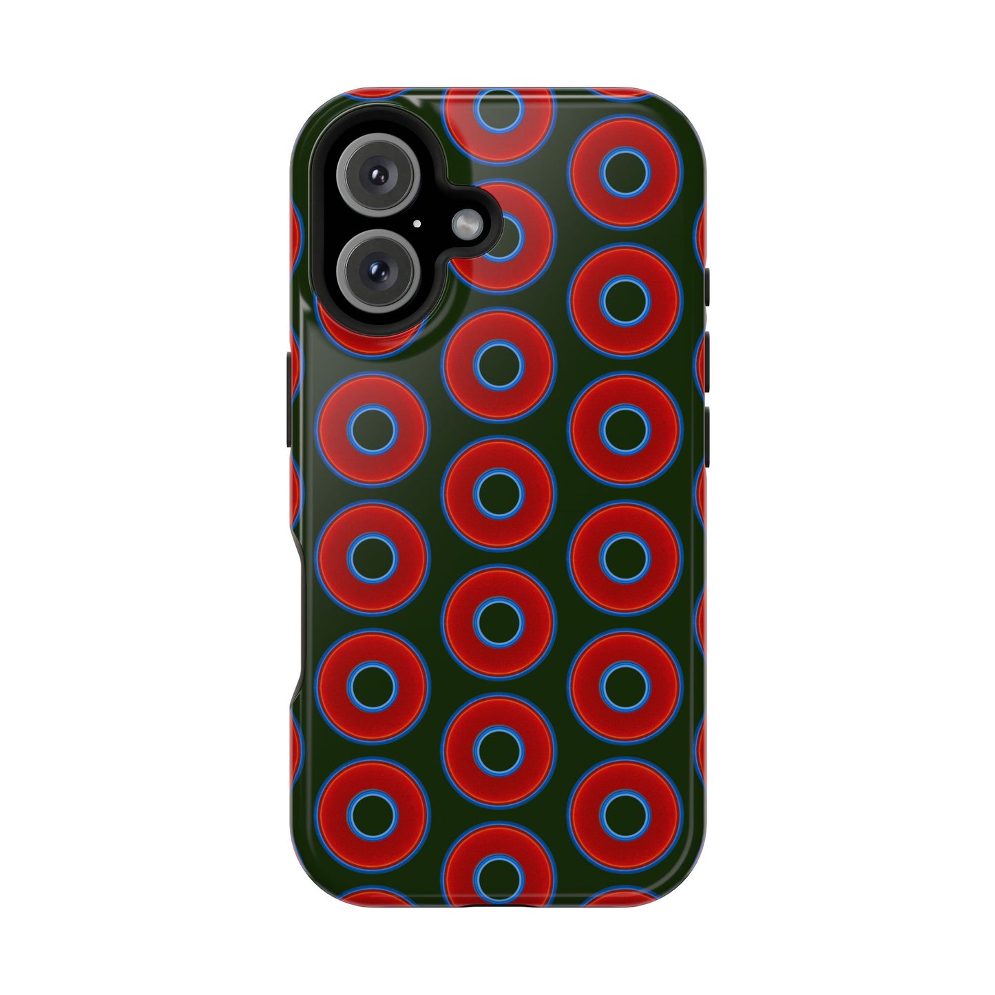 Impact-Resistant Lumpy Donut Case - red vivid donut print w/deep forest green background