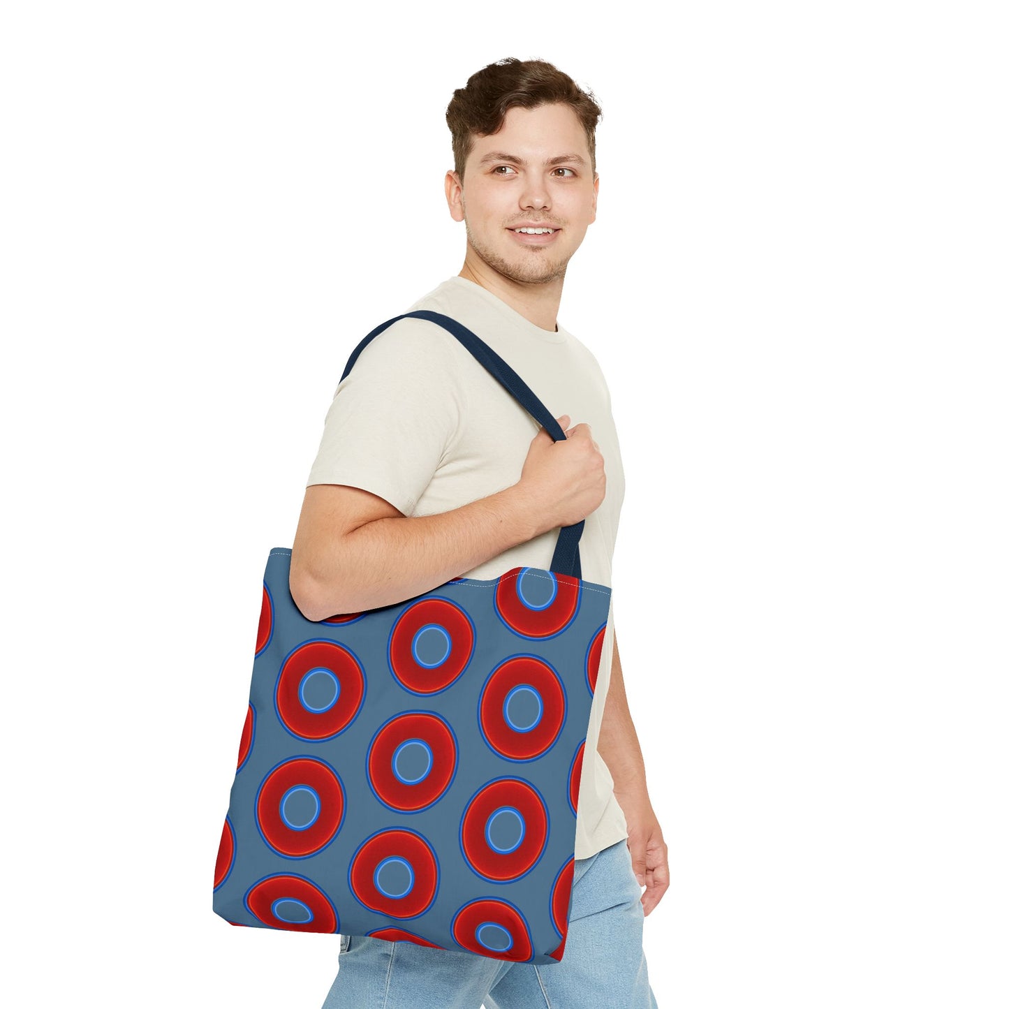 Lumpy Beach/Tote Bag - red vivid donuts w/steel blue background