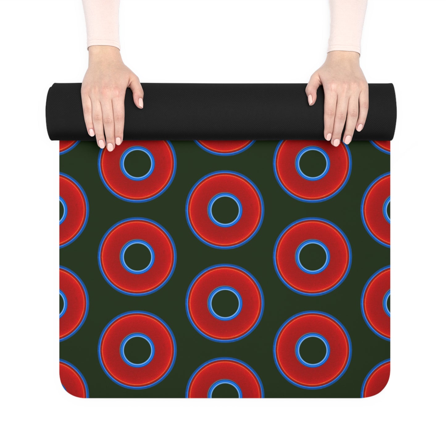 Lumpy Donut Yoga Mat :) - 24″ x 70" - vivid red donut print w/deep forest green background