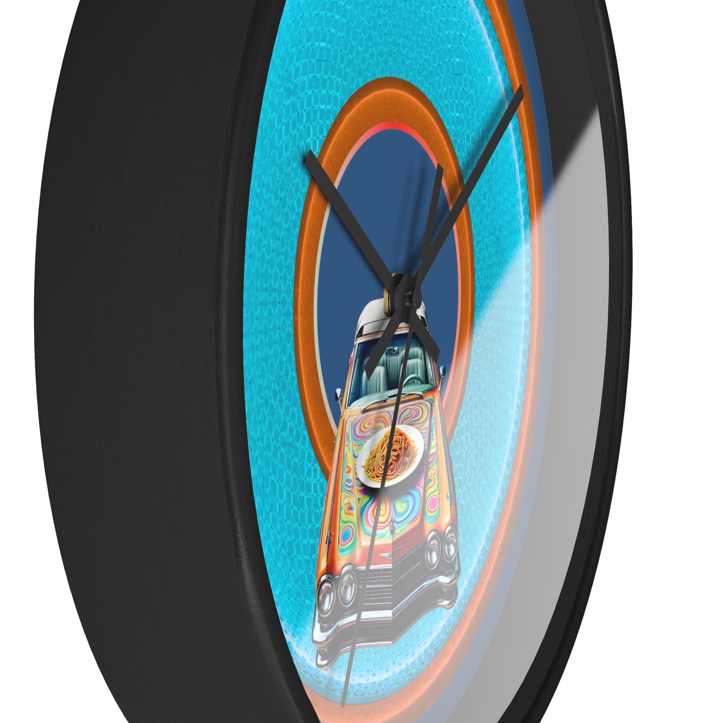 Lumpy Wall Clock - "Cadillac Rainbows & Eating on the Run" - variant 3 - rustic light blue/orange donut w/light navy blue background