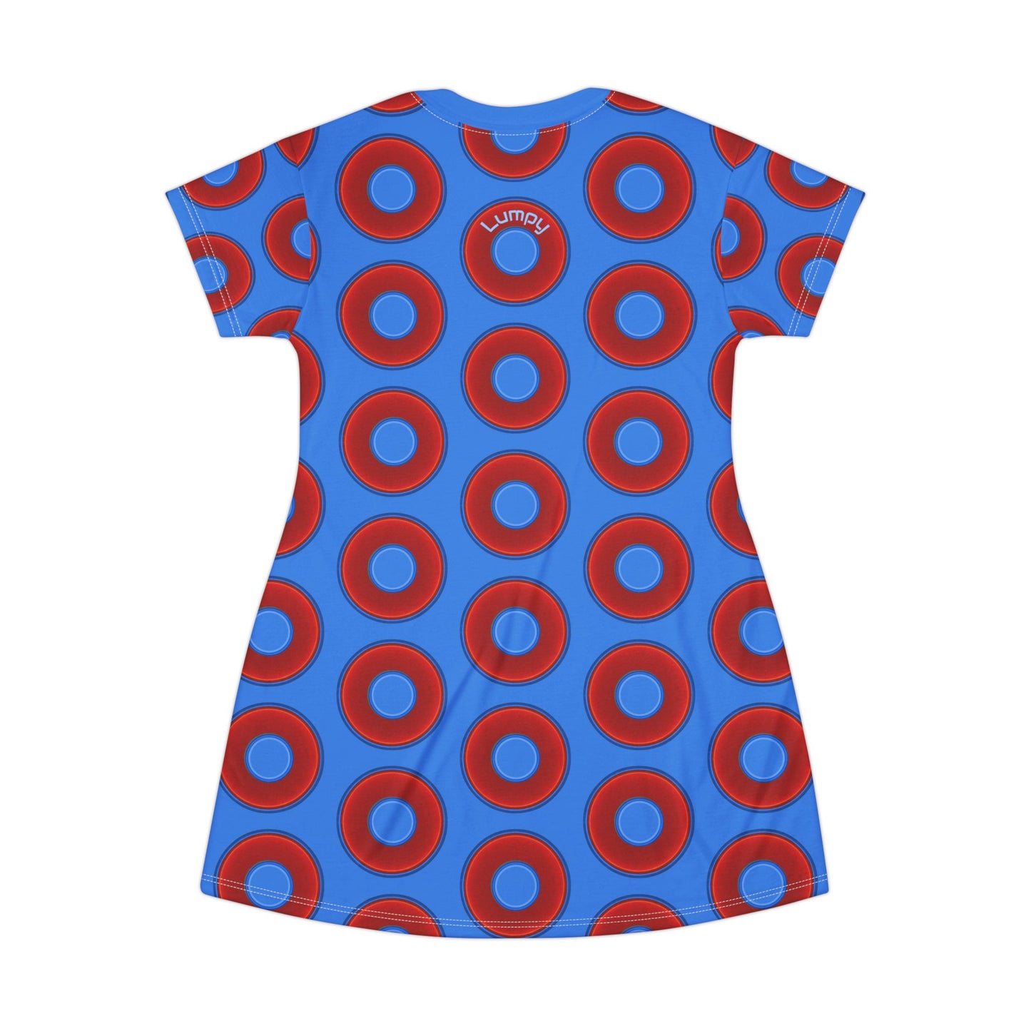 Not a Muumuu AOP Tee Shirt Dress - red vivid donuts w/light royal blue background