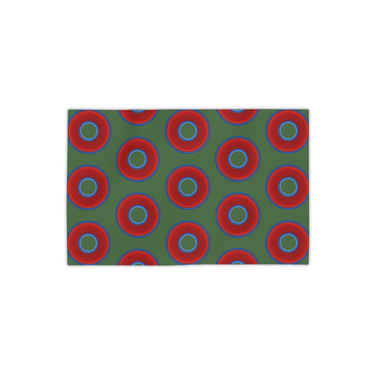 Lumpy Donut Towels - vivid red donuts w/dark green background