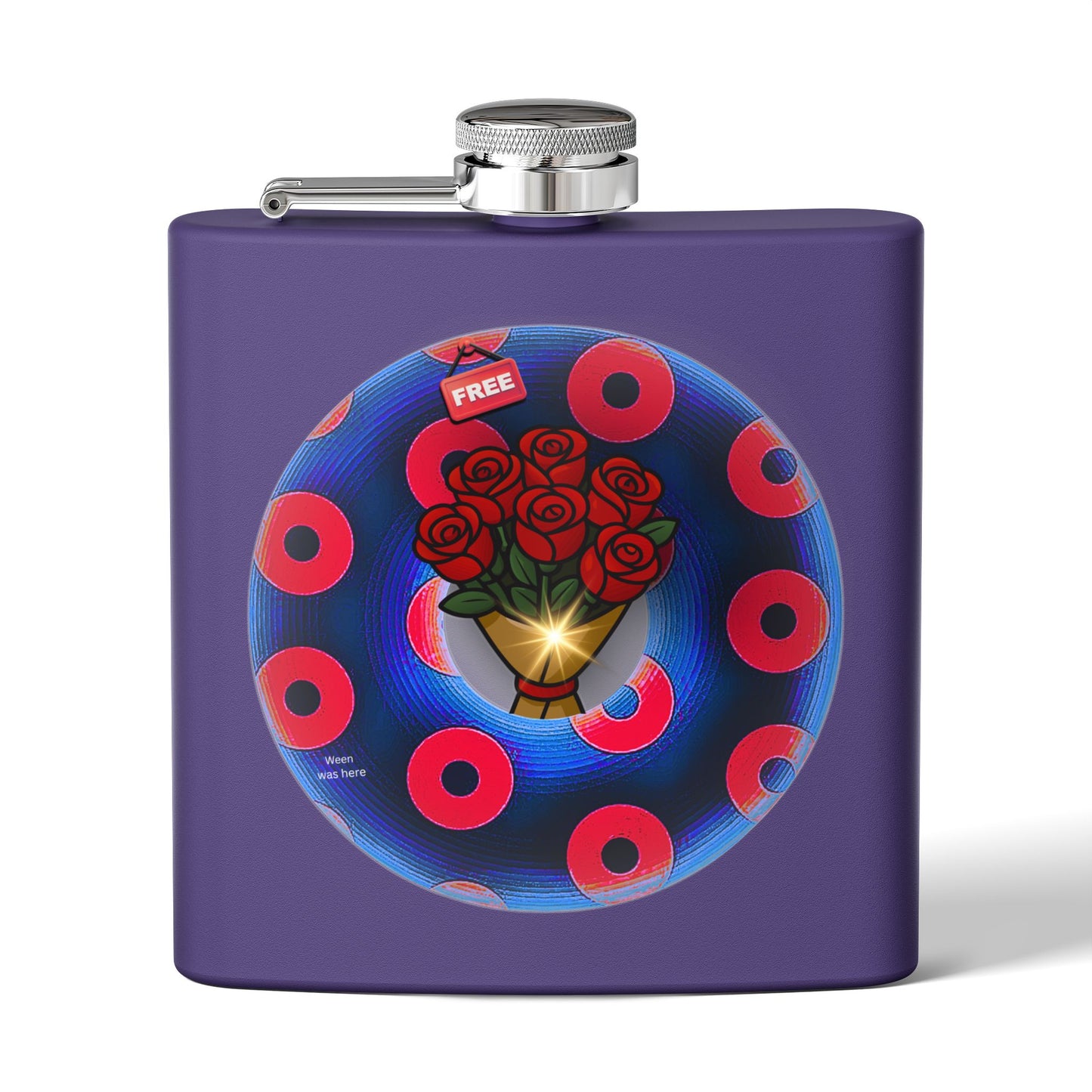 Lump's Donut Flask 6 oz -  "Donuts R Phree" - red/blue rustic donut - [*w/your choice of 6 backgrounds]