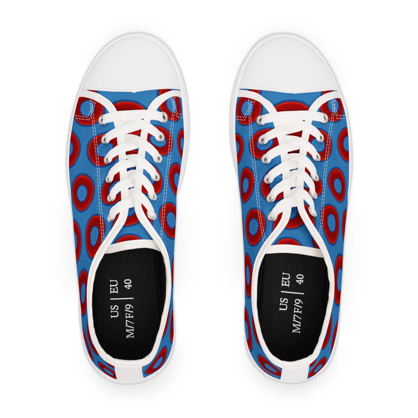 Women's - Low Top Chuck Taylors - large vivid red donut print w/light steal blue background