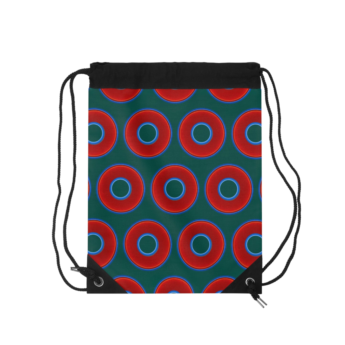Lumpy Donut Drawstring Bag - red vivid donuts print w/dark grayish green background
