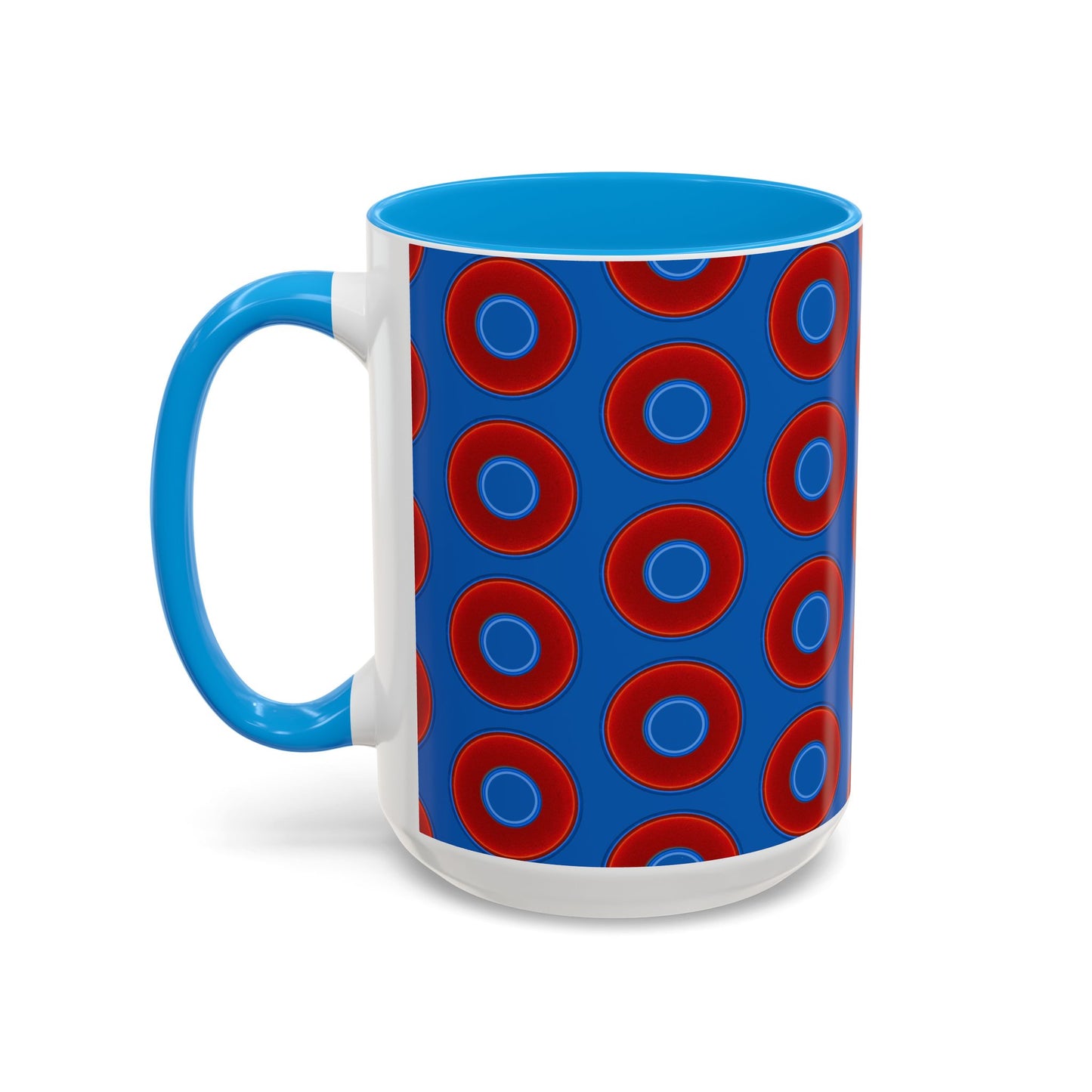 Lump's Grumpy Coffee Mug - vivid red donuts w/dark royal blue background