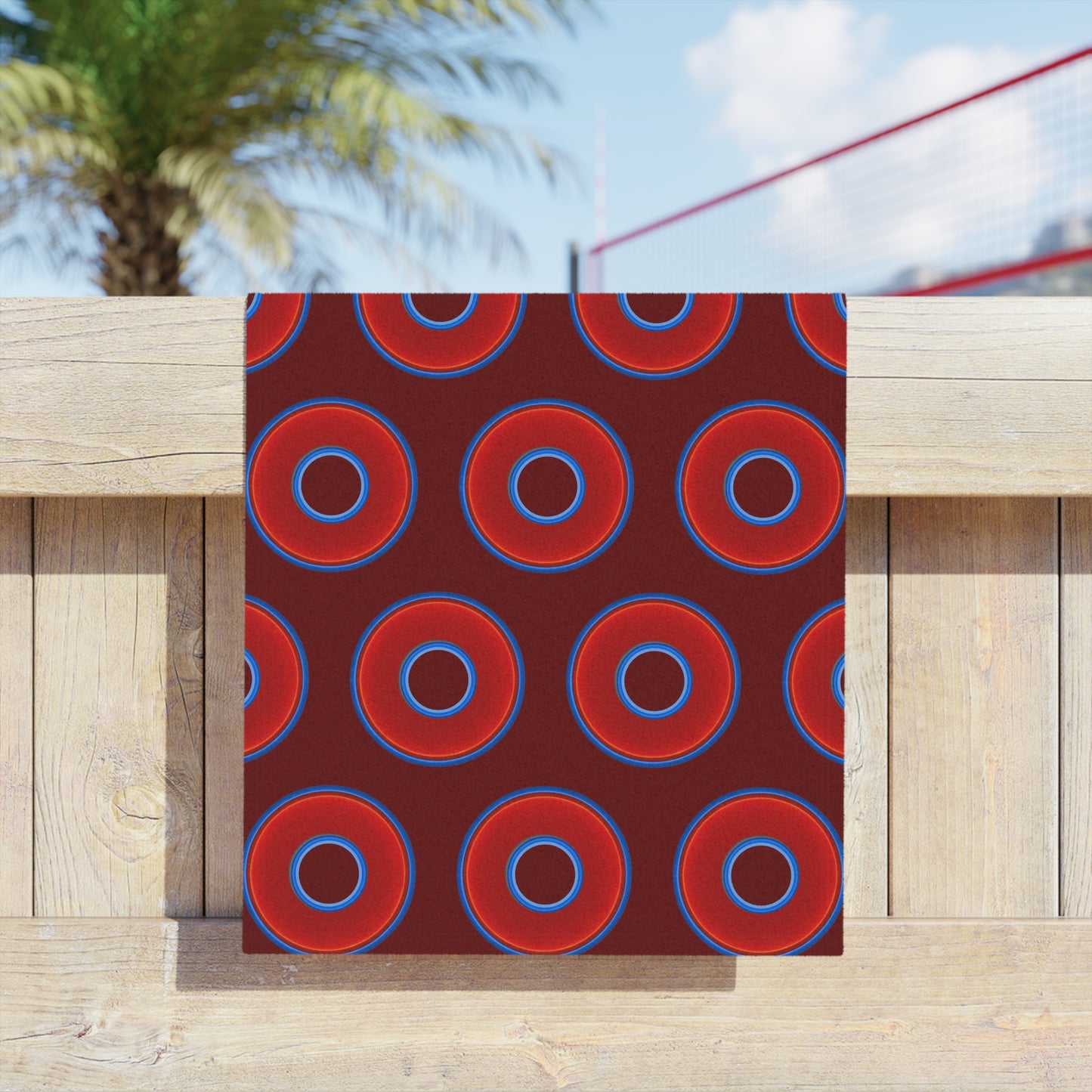 Lumpy Donut Towels - vivid red donuts w/dark red background