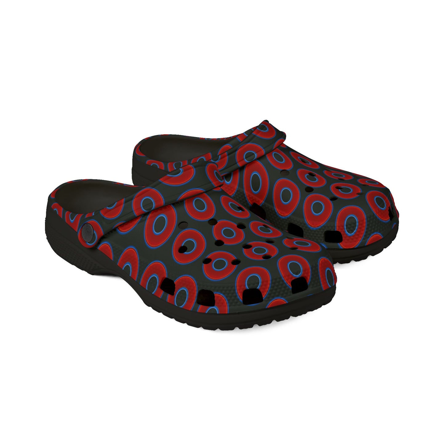 Spatchcocks - donut slip-on shoes - vivid red donuts w/midnight moss green background [unisex]
