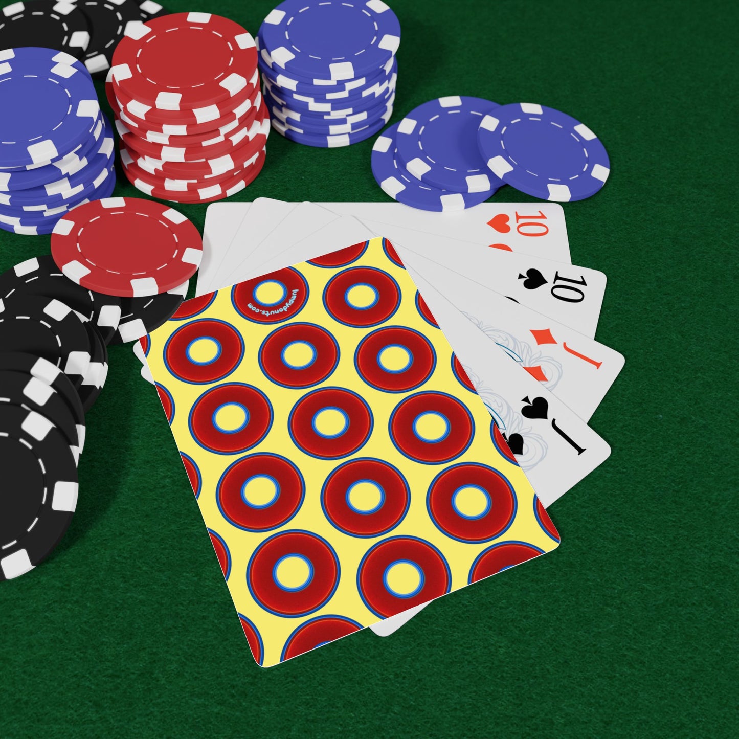 Lumpy Donut Playing Decks - 52-cards - red vivid donuts w/yellow background