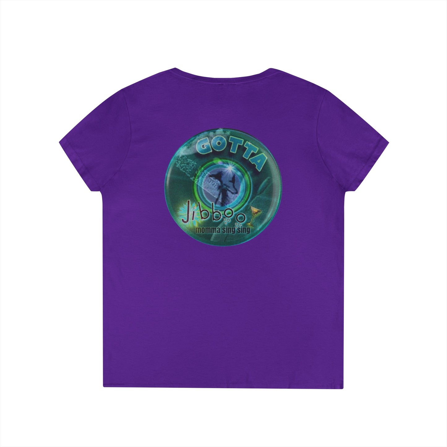 Women's Donut V-Neck Tee - "Momma just got out of Sing Sing" - vivid teal green donut w/