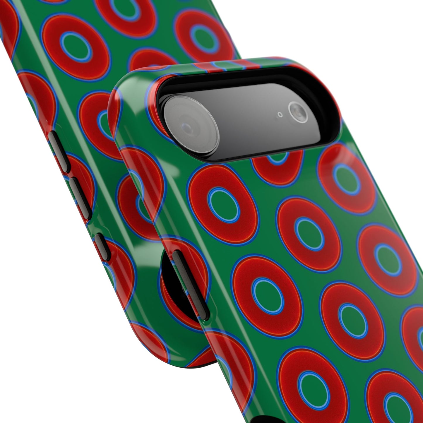 Impact-Resistant Lumpy Donut Case - red vivid donut print w/green background