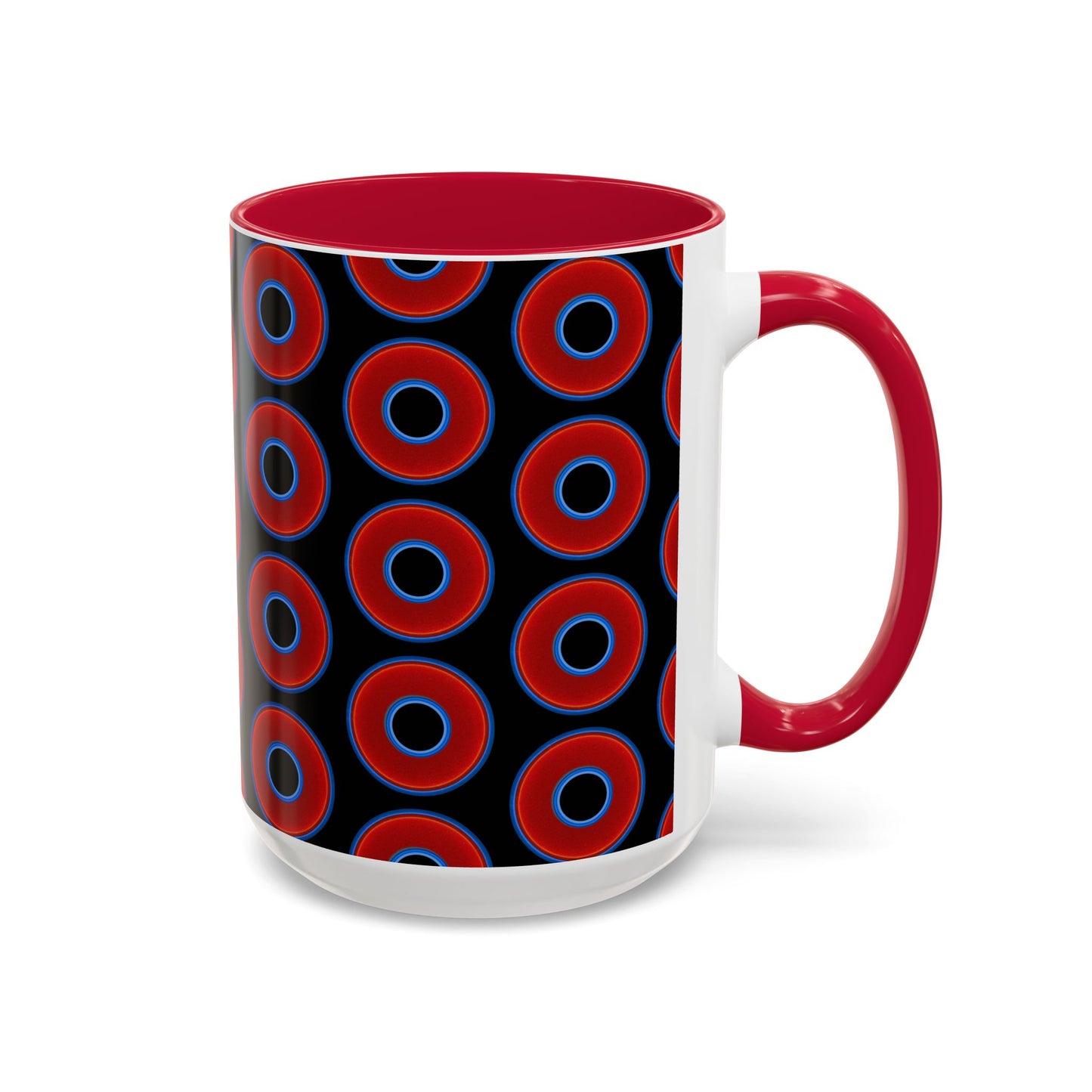Lump's Grumpy Coffee Mug - vivid red donuts w/black background