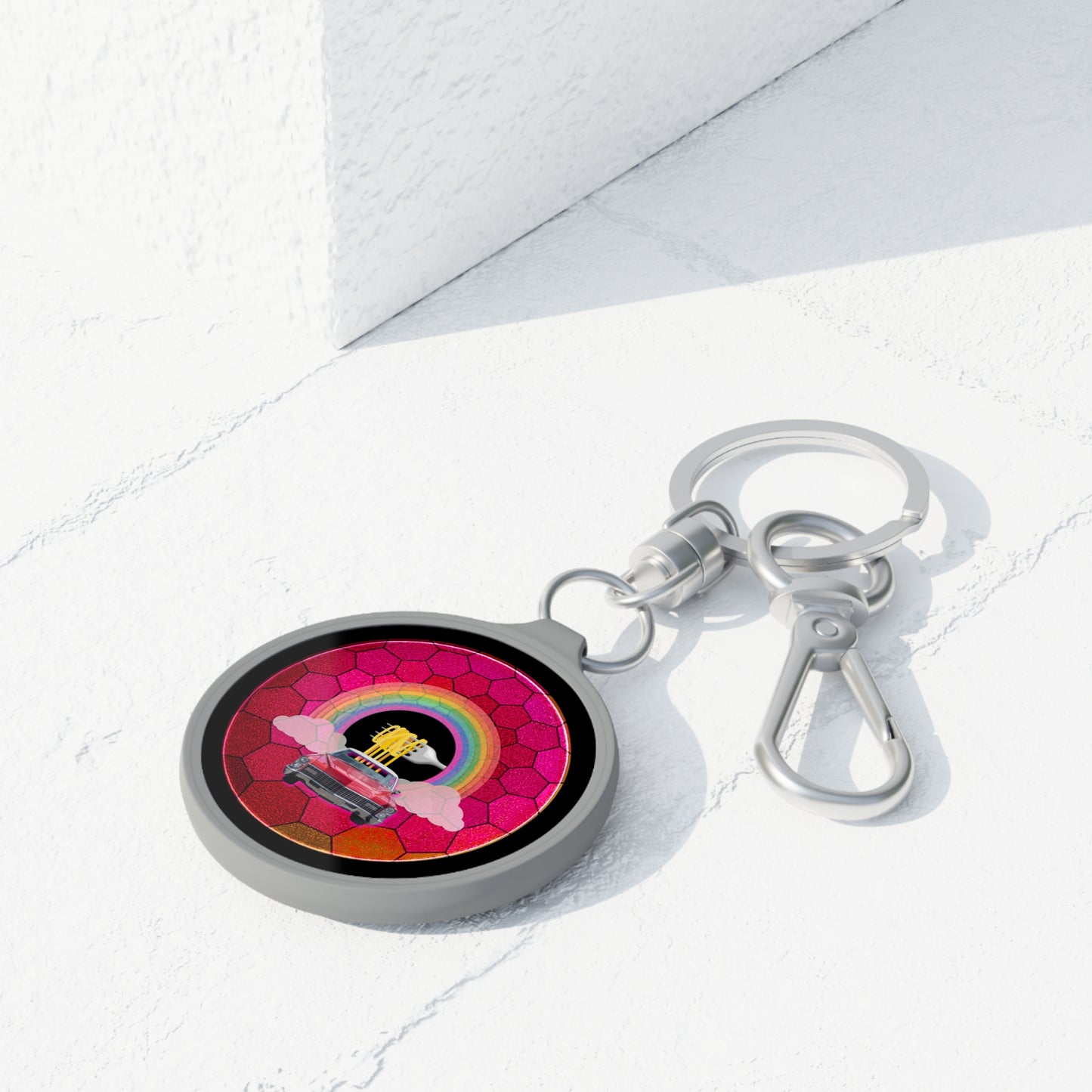 Lumpy Donut Keychain - "Spaghetti Incident in my Caddy" - series 1.0 - variant 3 - magenta hexadonut - w/red Caddy