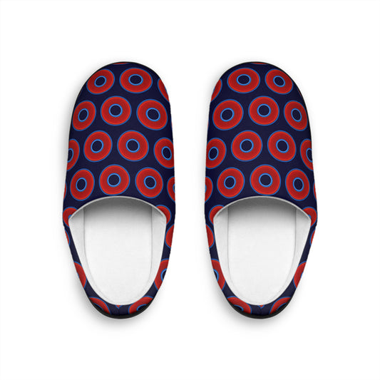 Women's Lumpy Slippers - red vivid donut print w/midnight blue background